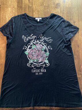 Maurices Black Graphic T-Shirt For Women Vintage Lace Roses Size XL NWOT!